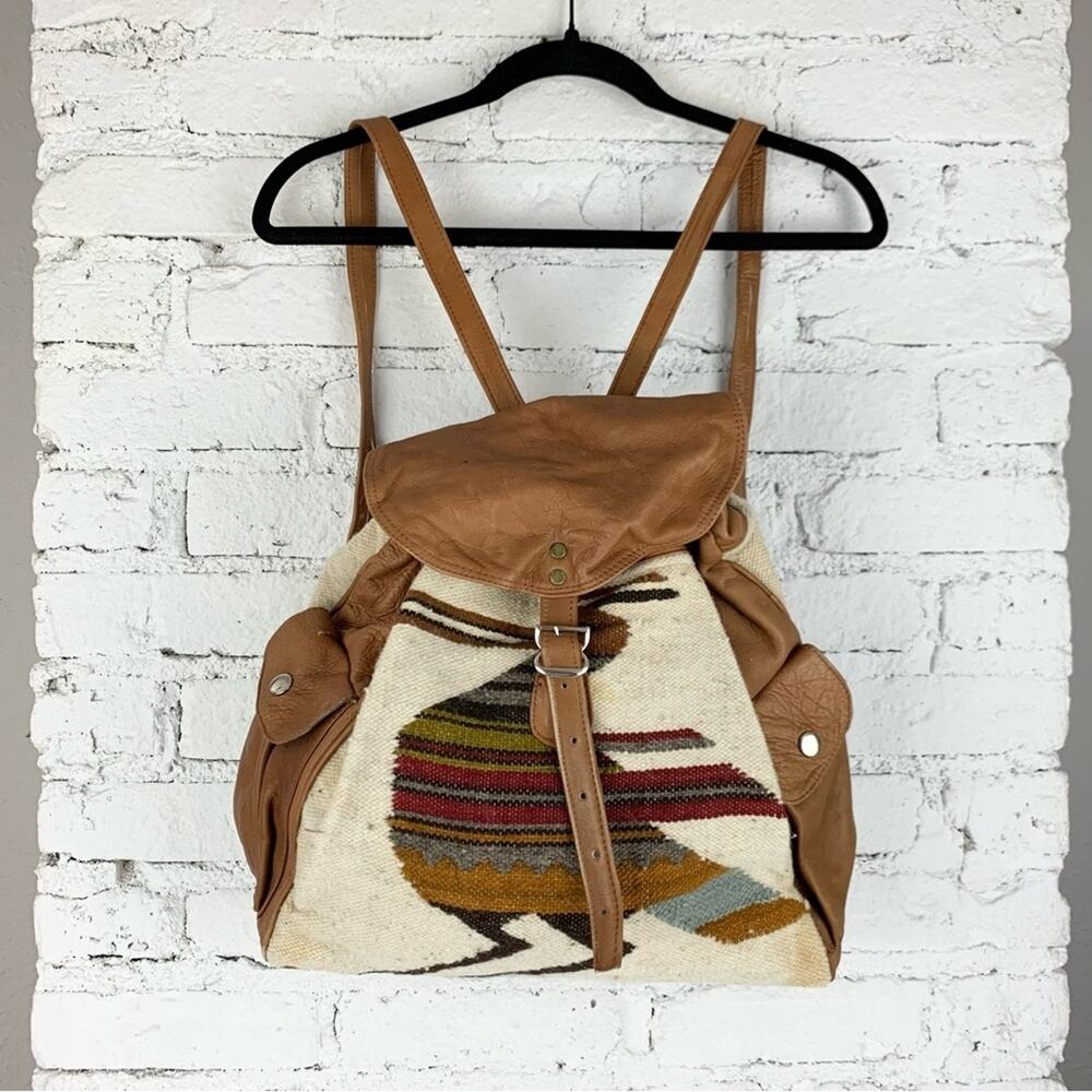 VTG Tapestry Kilim Bird Animal Drawstring Leather Backpack Tapestry Backpack